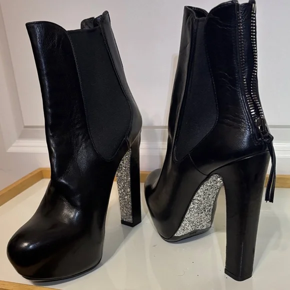 Miu Miu Black Leather Platform Ankle Boots with Glitter Block Heel - Picture 15 of 15
